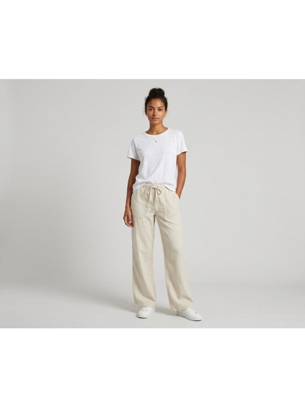 New York & Company Womens Beige Linen-Blend Wide-Leg Pants M Elastic Waist